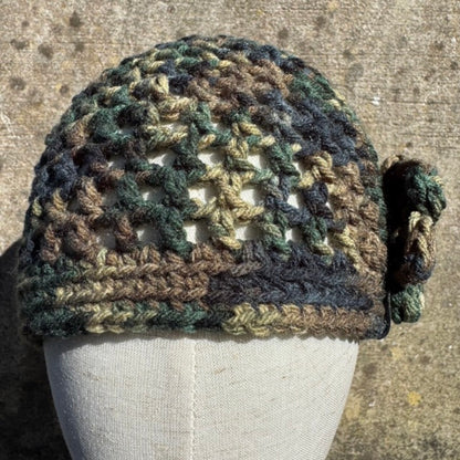 Hand Crocheted Flower Beanie Hat in Earth Tones – Acrylic Yarn – The Beanie Club – 55cm Head Size – Lightweight Slouchy Style