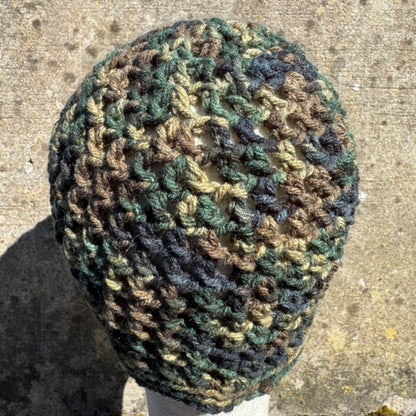 Hand Crocheted Flower Beanie Hat in Earth Tones – Acrylic Yarn – The Beanie Club – 55cm Head Size – Lightweight Slouchy Style
