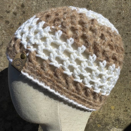 Hand Crocheted Mesh Beanie Hat – White & Light Brown Wool Blend – Lace Style – The Beanie Club – 55cm