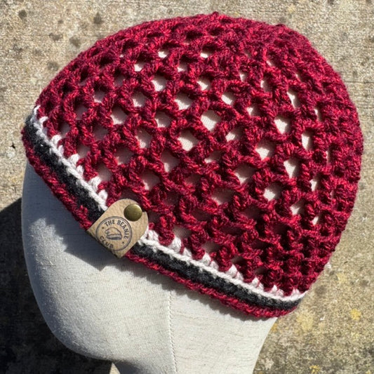 Hand Crocheted Burgundy Mesh Beanie Hat – Lightweight Lace Slouchy Hat – Soft Acrylic Open Stitch Cap – The Beanie Club