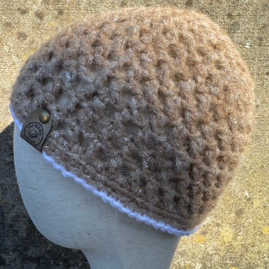 Hand Crocheted Light Brown Wool Beanie Hat – Soft Greek Yarn & White Merino Trim | The Beanie Club