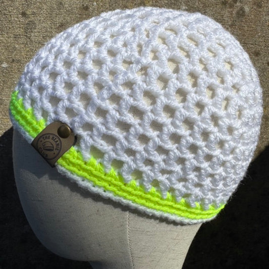 Hand Crocheted Mesh Beanie Hat – White & Neon Green | Lightweight Summer Lace Hat | The Beanie Club