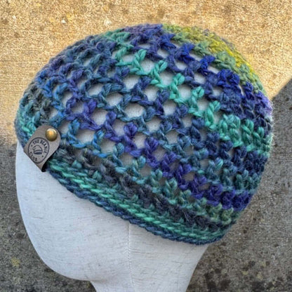 Hand Crocheted Wool Blend Mesh Beanie Hat – Green, Blue & Purple Ombre | The Beanie Club
