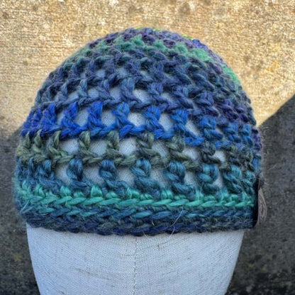 Hand Crocheted Wool Blend Mesh Beanie Hat – Green, Blue & Purple Ombre | The Beanie Club