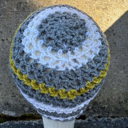 Hand Crocheted Mesh Lace Beanie Hat – Lightweight Acrylic | Grey, White & Mustard | The Beanie Club | 55cm Fit