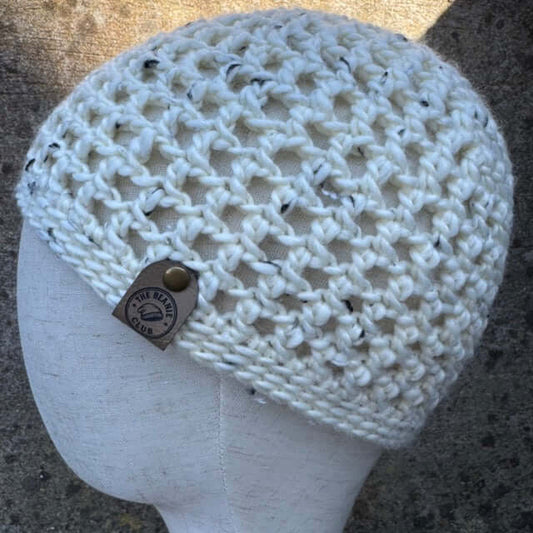 Hand Crocheted White Mesh Lace Beanie Hat – Soft Acrylic Lightweight Slouchy Cap | The Beanie Club