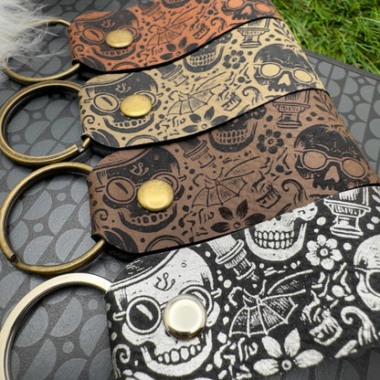 Halloween Keyring Skull Skeleton Design Vegan Leather Engraved Unisex Accessory Gothic Vintage Style gift
