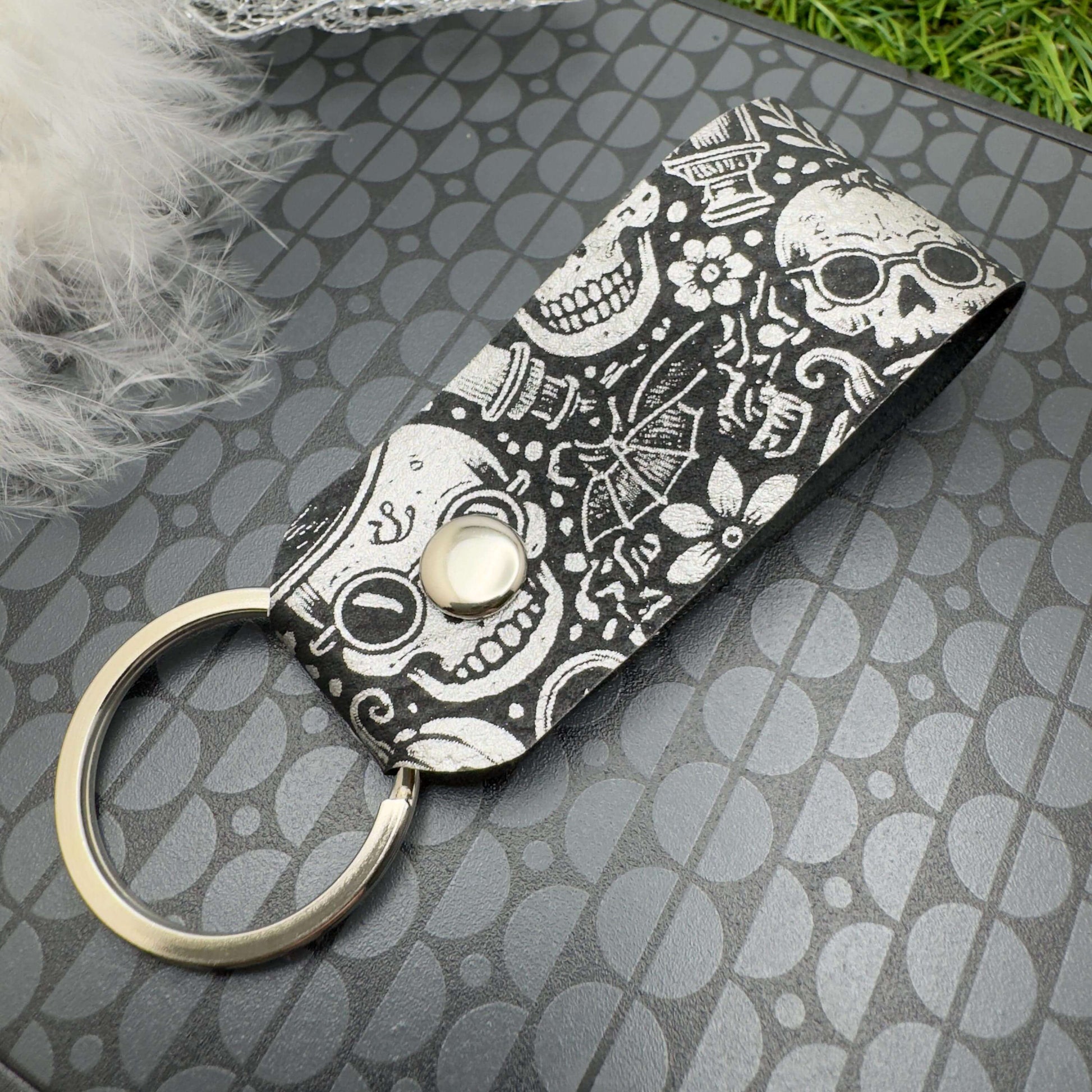 Halloween Keyring Skull Skeleton Design Vegan Leather Engraved Unisex Accessory Gothic Vintage Style gift