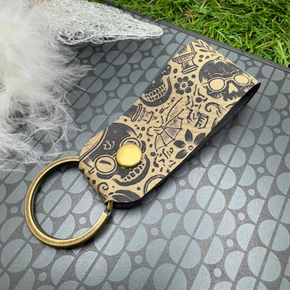Halloween Keyring Skull Skeleton Design Vegan Leather Engraved Unisex Accessory Gothic Vintage Style gift