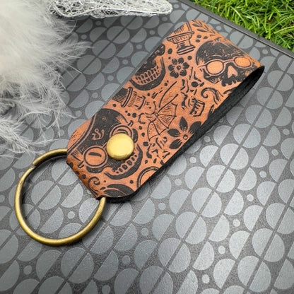 Halloween Keyring Skull Skeleton Design Vegan Leather Engraved Unisex Accessory Gothic Vintage Style gift