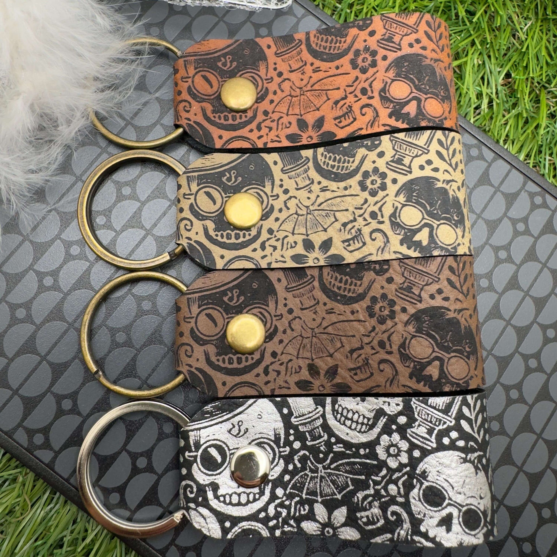 Halloween Keyring Skull Skeleton Design Vegan Leather Engraved Unisex Accessory Gothic Vintage Style gift
