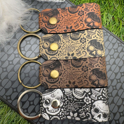 Halloween Keyring Skull Skeleton Design Vegan Leather Engraved Unisex Accessory Gothic Vintage Style gift