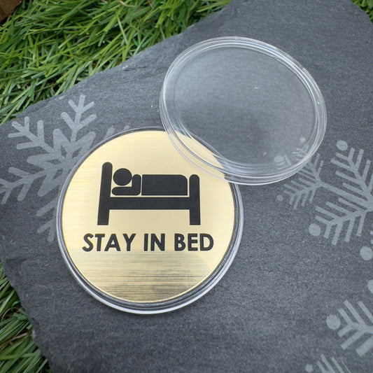 flip decision coin go to work or stay in bed custom engraved