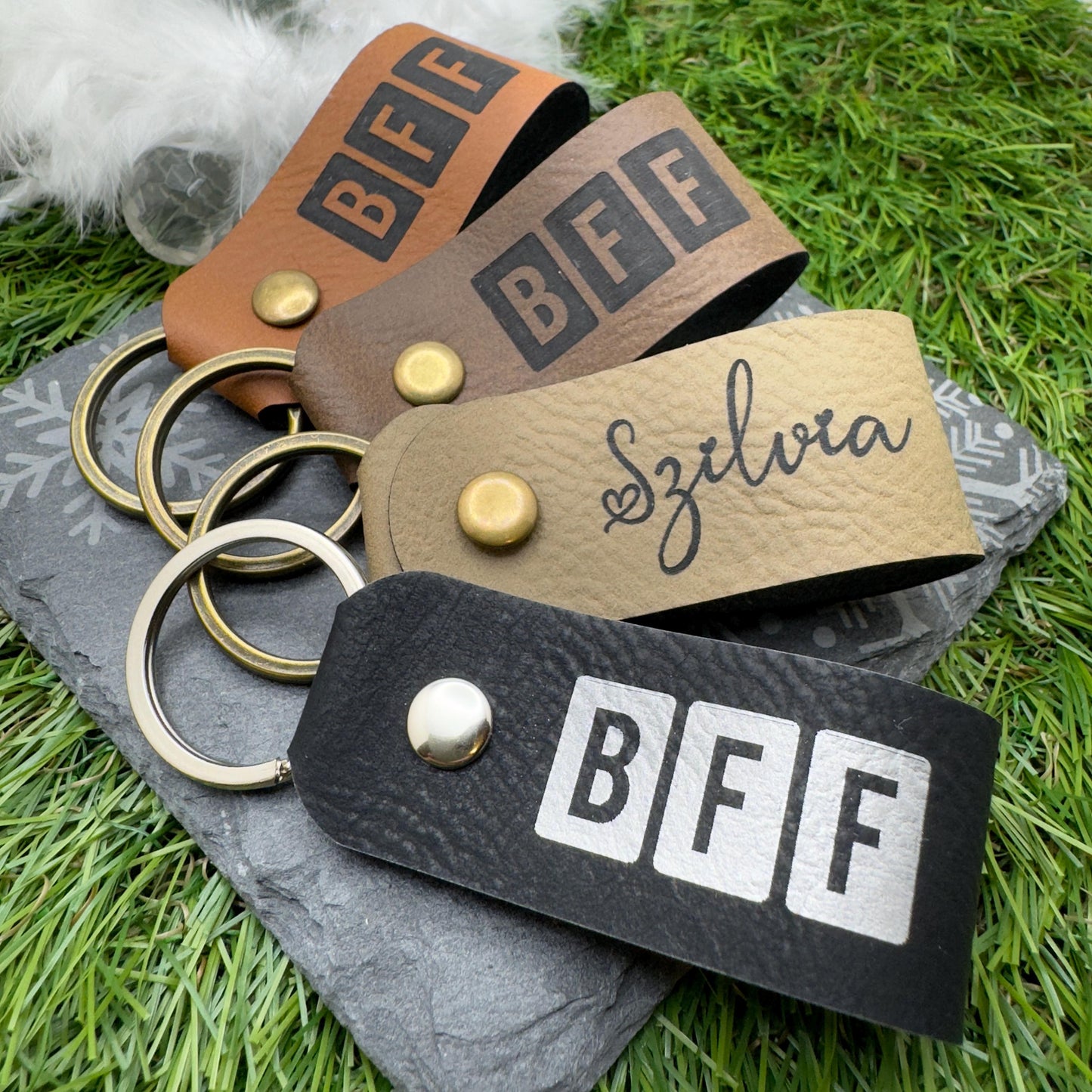 BFF Personalised Keyring Custom Keychain Eco-Friendly Gift for Friends Family & Loved Ones Custom Name or Initials Vegan Leather