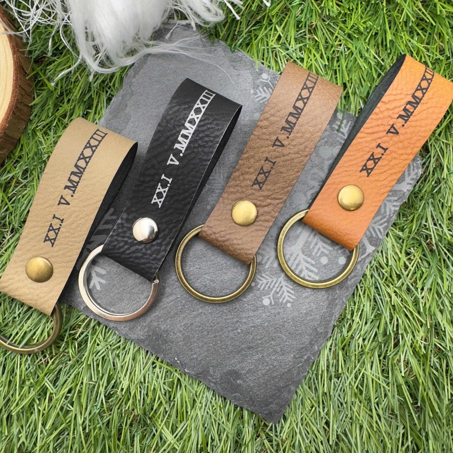 Personalised Roman Numeral Vegan Leather Keyring Customisable Engraved Keychain Gift for Him or Her Unique Anniversary Keepsake