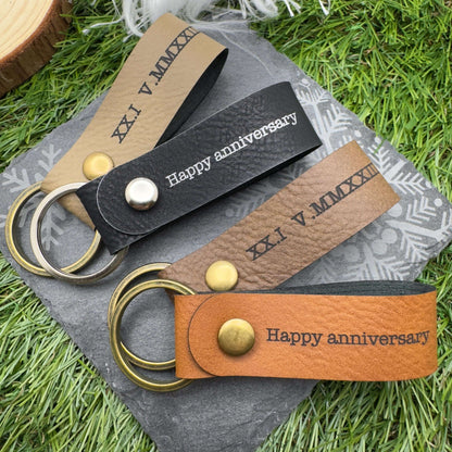 Personalised Roman Numeral Vegan Leather Keyring Customisable Engraved Keychain Gift for Him or Her Unique Anniversary Keepsake
