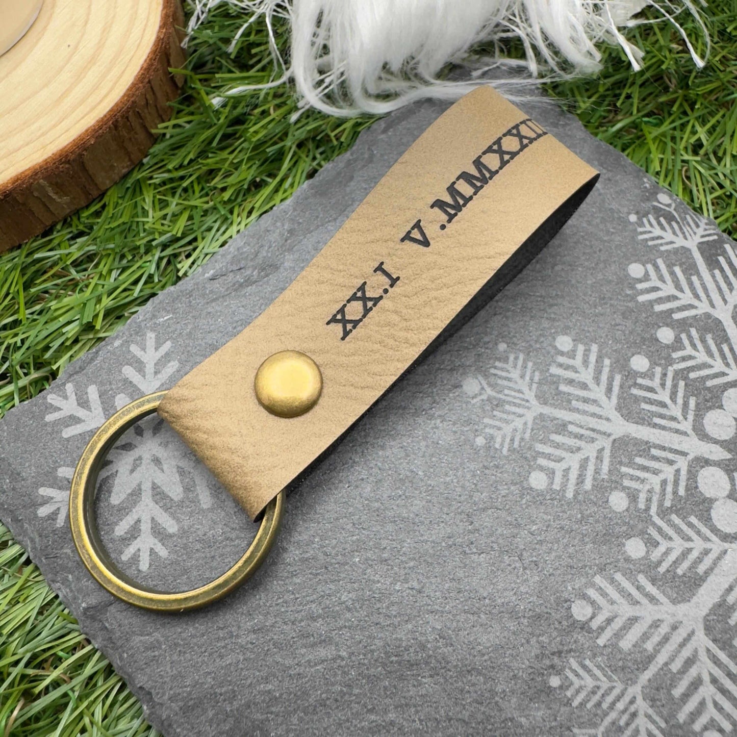 Personalised Roman Numeral Vegan Leather Keyring Customisable Engraved Keychain Gift for Him or Her Unique Anniversary Keepsake