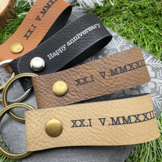 Personalised Roman Numeral Vegan Leather Keyring Customisable Engraved Keychain Gift for Him or Her Unique Anniversary Keepsake
