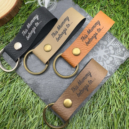 This mummy daddy belongs to Personalised Vegan Leather Keyring with Custom Engraving Ideal Gift for Mums Dads & Loved Ones