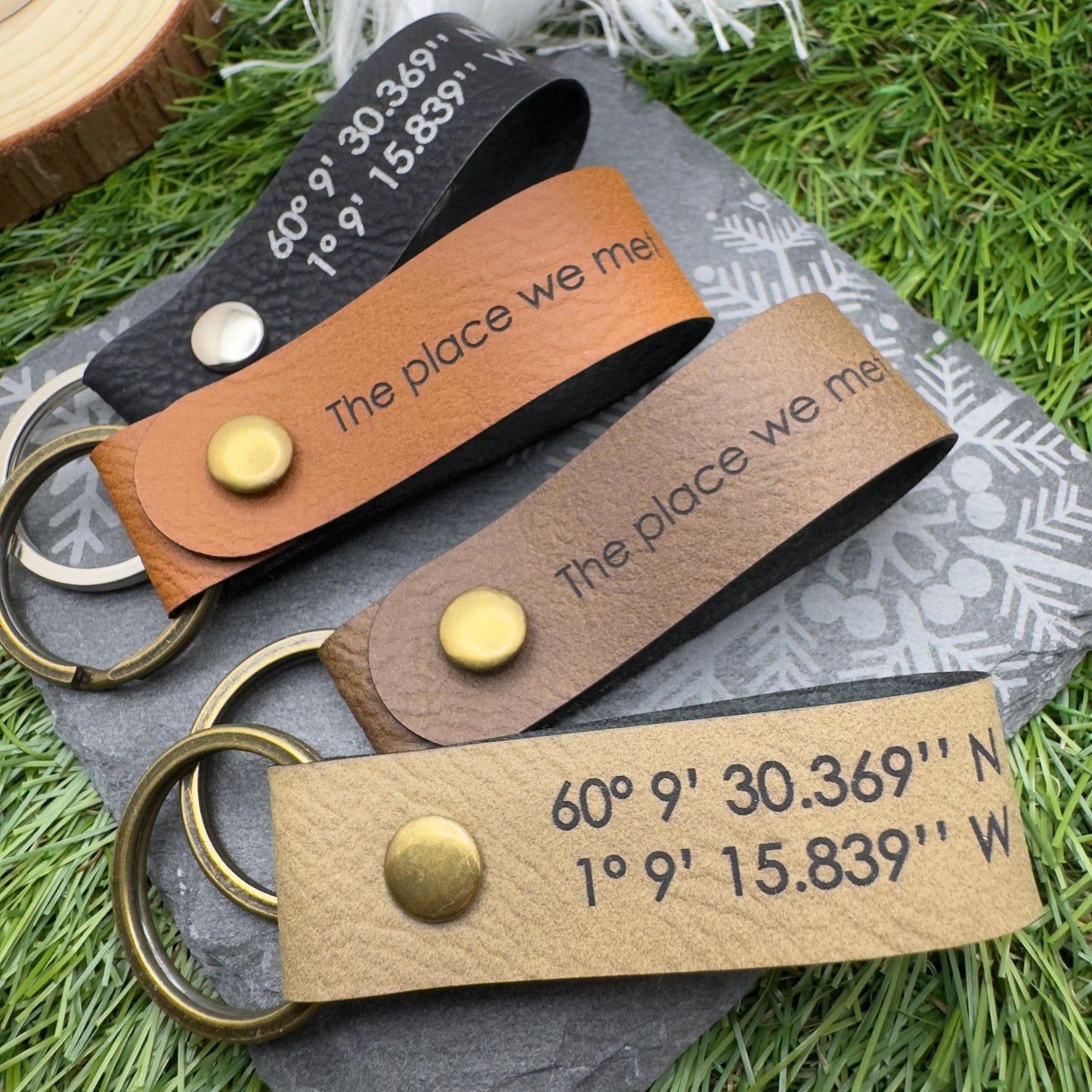 Personalised GPS Coordinates Vegan Leather Keyring with Custom Engraving Unique Gift for Him or Her Location coordinates keychain