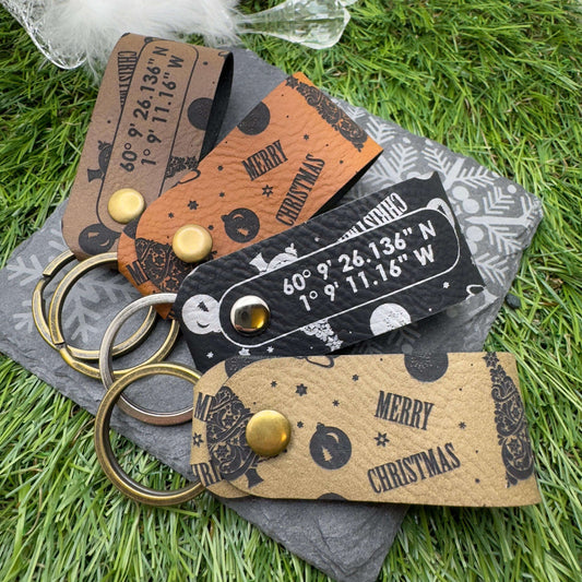 GPS Coordinates Keyring Christmas Keychain Custom Location Keepsake Personalised Vegan Leather GPS Location Keyring Anniversary Keepsake