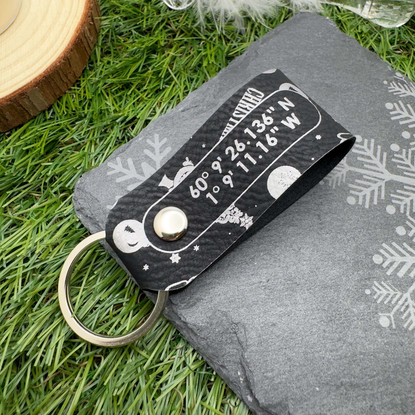 GPS Coordinates Keyring Christmas Keychain Custom Location Keepsake Personalised Vegan Leather GPS Location Keyring Anniversary Keepsake