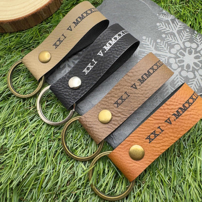 Personalised Roman Numeral Vegan Leather Keyring Customisable Engraved Keychain Gift for Him or Her Unique Anniversary Keepsake