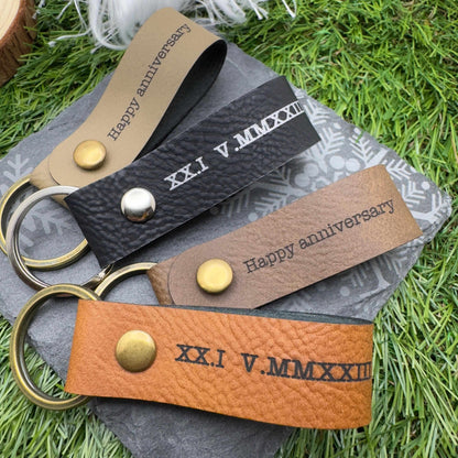 Personalised Roman Numeral Vegan Leather Keyring Customisable Engraved Keychain Gift for Him or Her Unique Anniversary Keepsake