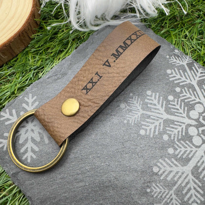 Personalised Roman Numeral Vegan Leather Keyring Customisable Engraved Keychain Gift for Him or Her Unique Anniversary Keepsake