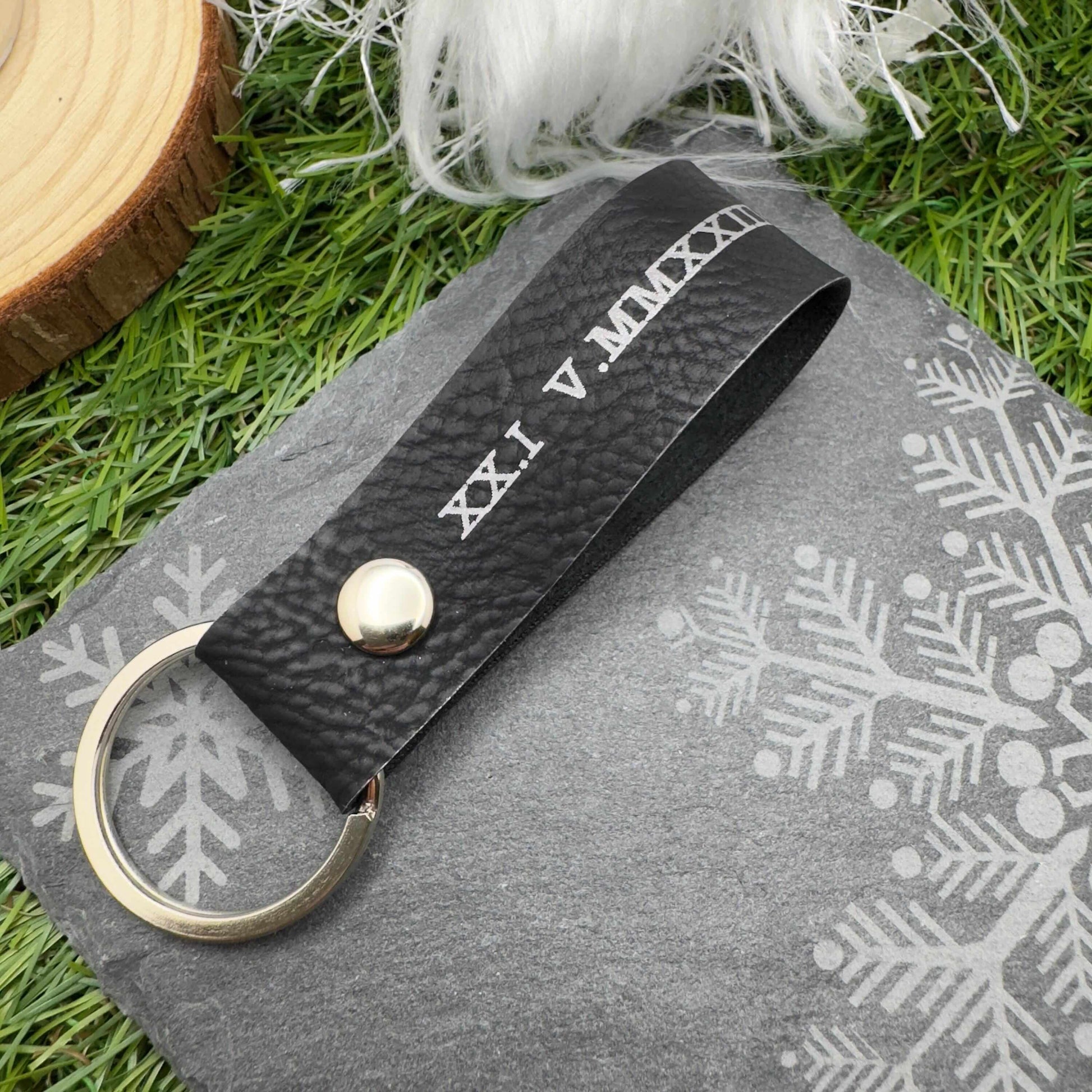 Personalised Roman Numeral Vegan Leather Keyring Customisable Engraved Keychain Gift for Him or Her Unique Anniversary Keepsake