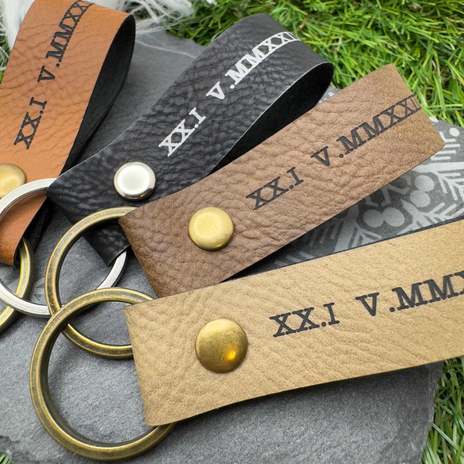 Personalised Roman Numeral Vegan Leather Keyring Customisable Engraved Keychain Gift for Him or Her Unique Anniversary Keepsake