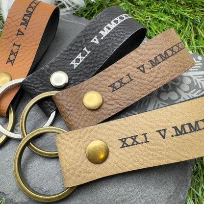 Personalised Roman Numeral Vegan Leather Keyring Customisable Engraved Keychain Gift for Him or Her Unique Anniversary Keepsake