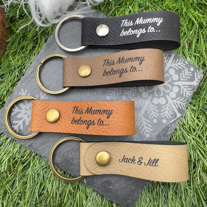 This mummy daddy belongs to Personalised Vegan Leather Keyring with Custom Engraving Ideal Gift for Mums Dads & Loved Ones