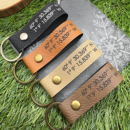 Personalised GPS Coordinates Vegan Leather Keyring with Custom Engraving Unique Gift for Him or Her Location coordinates keychain