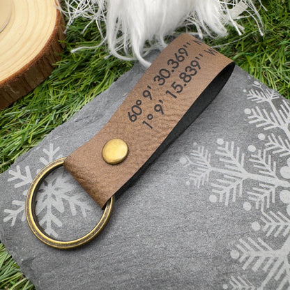 Personalised GPS Coordinates Vegan Leather Keyring with Custom Engraving Unique Gift for Him or Her Location coordinates keychain